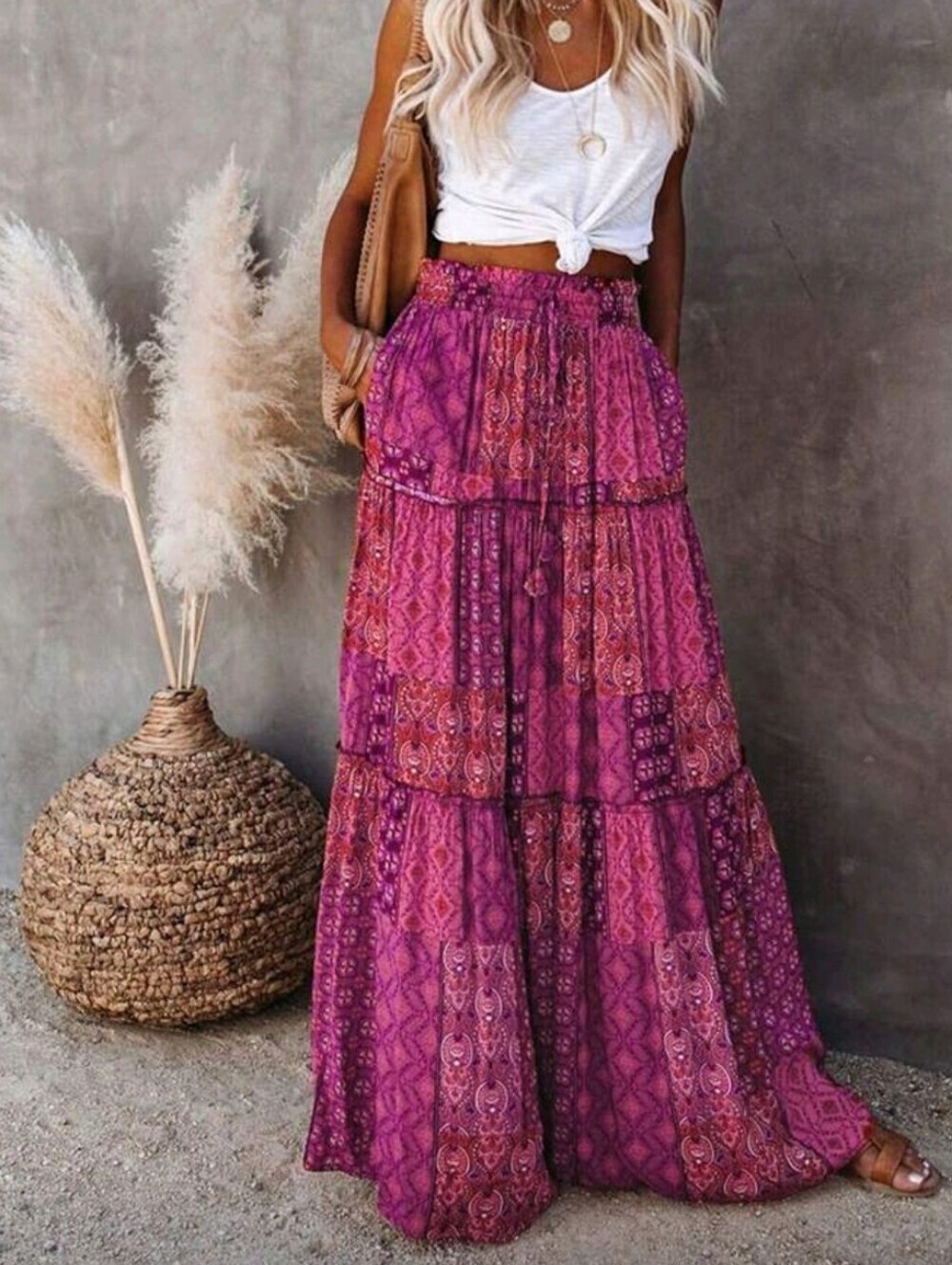 Women's New Bohemian Style High Waist Skirt, Loose Casual Elegant Color Block Fl